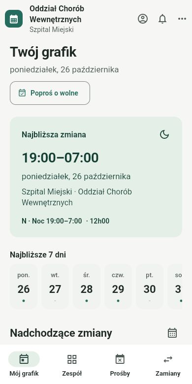 Ekran pracownika: najbliższy dyżur, plan na siedem dni i przejście do próśb oraz zamian.